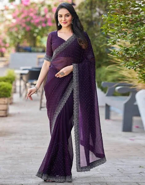 Dark Purple Embellished Satin Saree With Stones