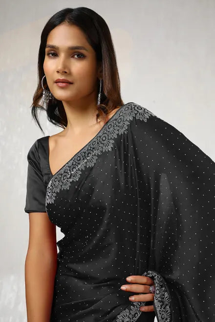 Black Satin Stone Embellished Saree