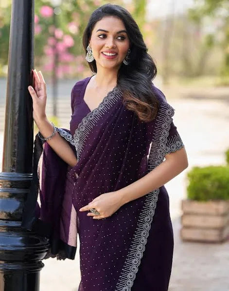 Dark Purple Embellished Satin Saree With Stones