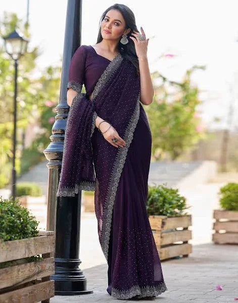 Dark Purple Embellished Satin Saree With Stones