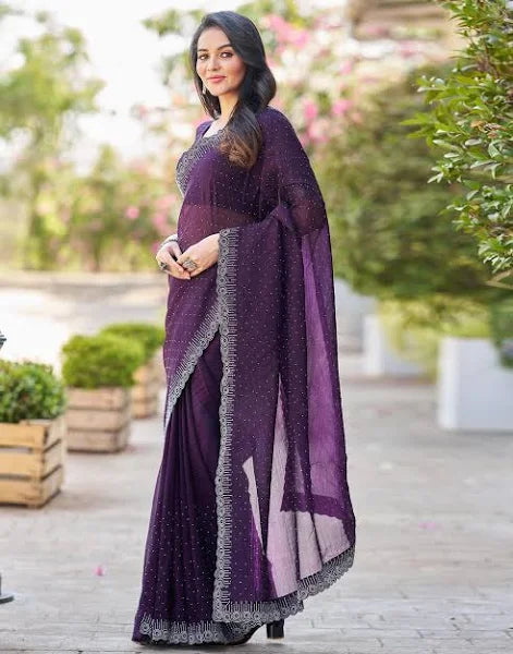Dark Purple Embellished Satin Saree With Stones