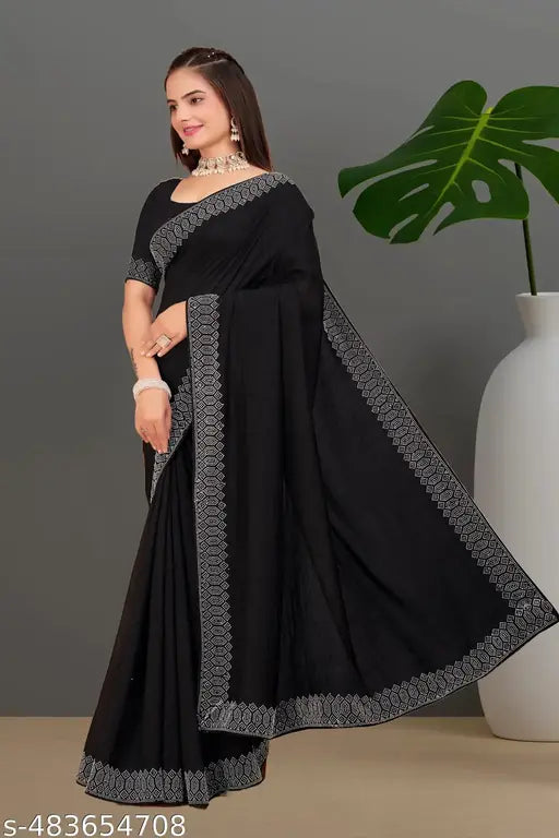 Padma Women's Satin Silk Hot Fix Solid Saree With Unstitched Blouse Piece