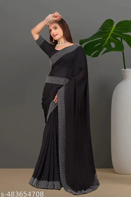 Padma Women's Satin Silk Hot Fix Solid Saree With Unstitched Blouse Piece