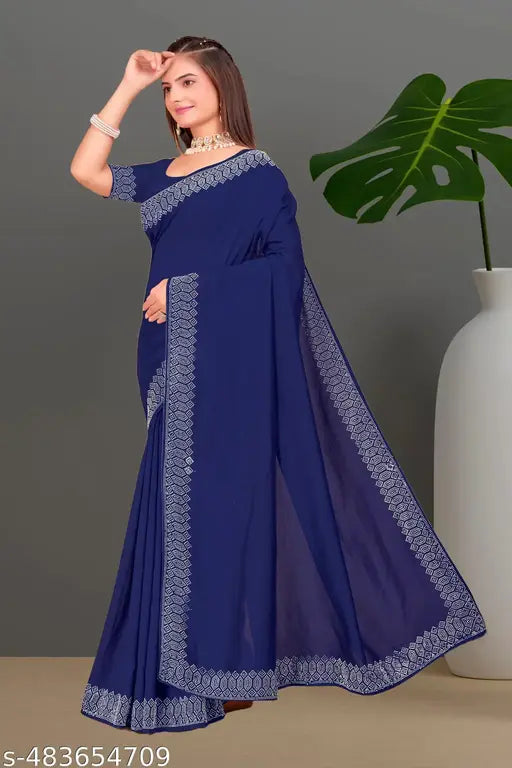 Padma Women's Satin Silk Hot Fix Solid Saree With Unstitched Blouse Piece