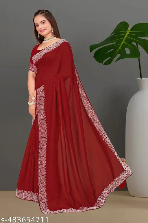Padma Women's Satin Silk Hot Fix Solid Saree With Unstitched Blouse Piece