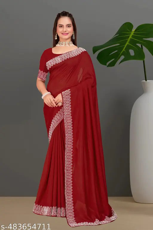 Padma Women's Satin Silk Hot Fix Solid Saree With Unstitched Blouse Piece