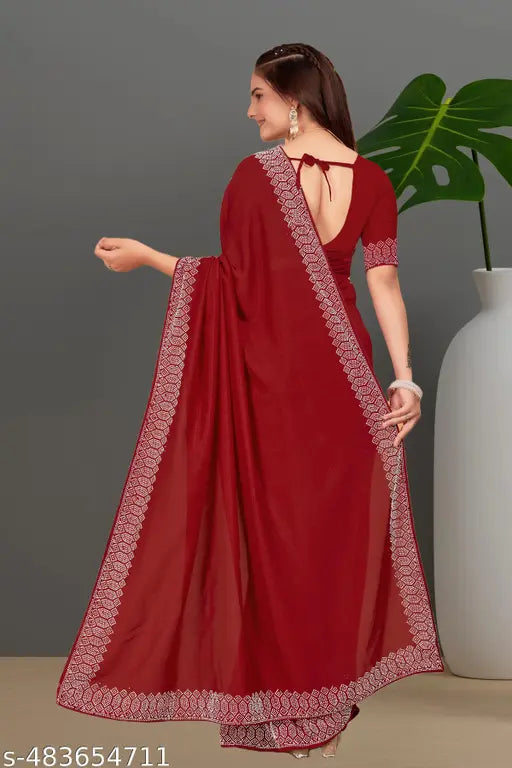 Padma Women's Satin Silk Hot Fix Solid Saree With Unstitched Blouse Piece