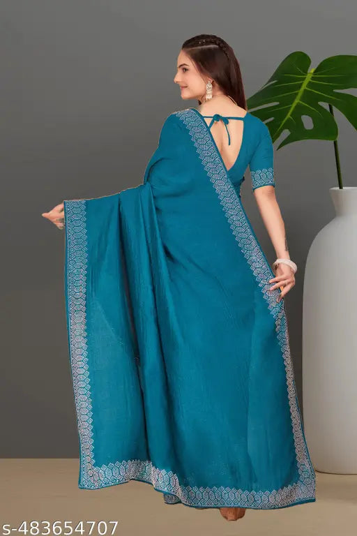 Padma Women's Satin Silk Hot Fix Solid Saree With Unstitched Blouse Piece