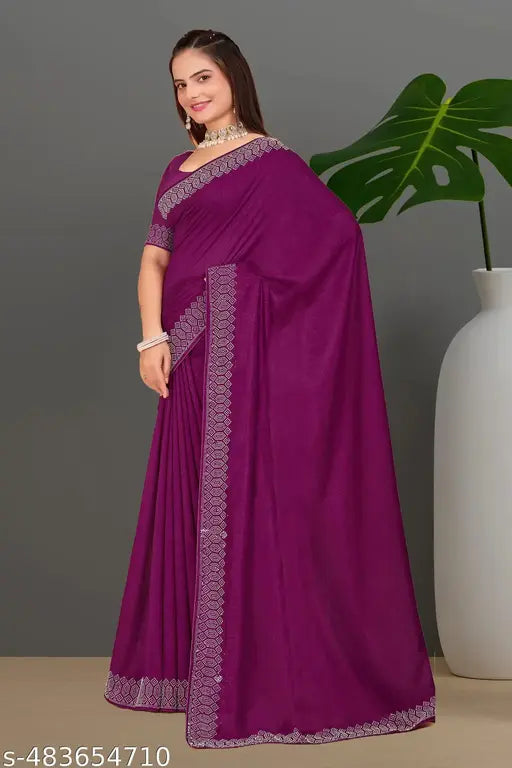 Padma Women's Satin Silk Hot Fix Solid Saree With Unstitched Blouse Piece