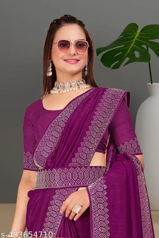 Padma Women's Satin Silk Hot Fix Solid Saree With Unstitched Blouse Piece