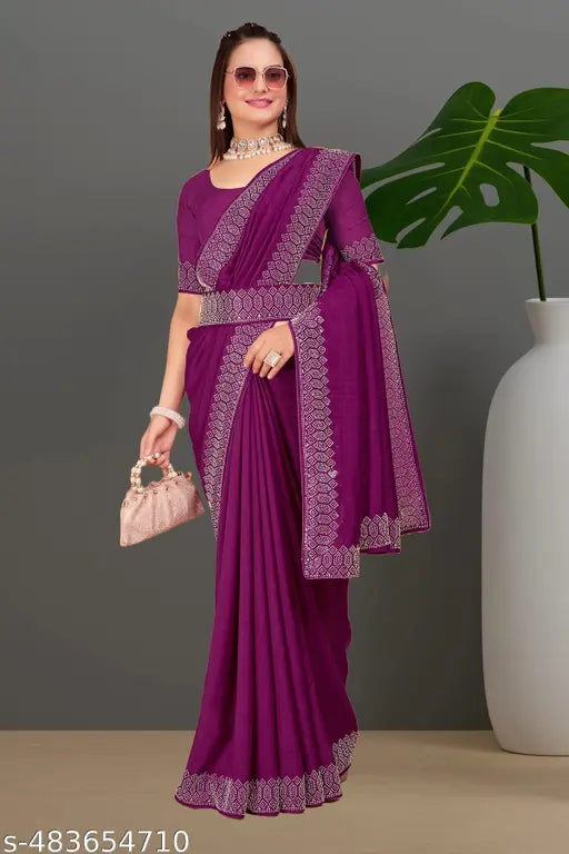 Padma Women's Satin Silk Hot Fix Solid Saree With Unstitched Blouse Piece