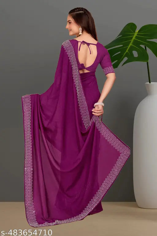 Padma Women's Satin Silk Hot Fix Solid Saree With Unstitched Blouse Piece