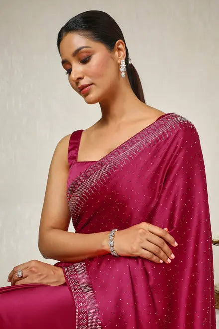 Fuchsia Satin Embellished Saree With Stone Work