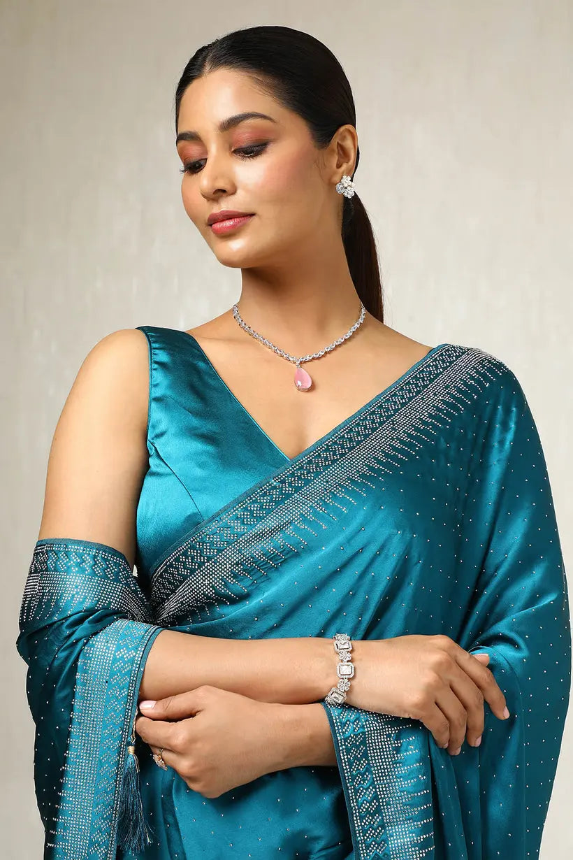 Teal Satin Embellished Saree With Stone Work
