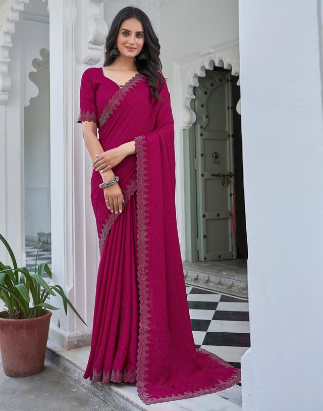 AKHILAM Women's Satin Silk Hot Fix Solid Saree With Unstitched Blouse Piece
