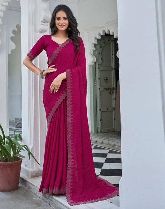 AKHILAM Women's Satin Silk Hot Fix Solid Saree With Unstitched Blouse Piece