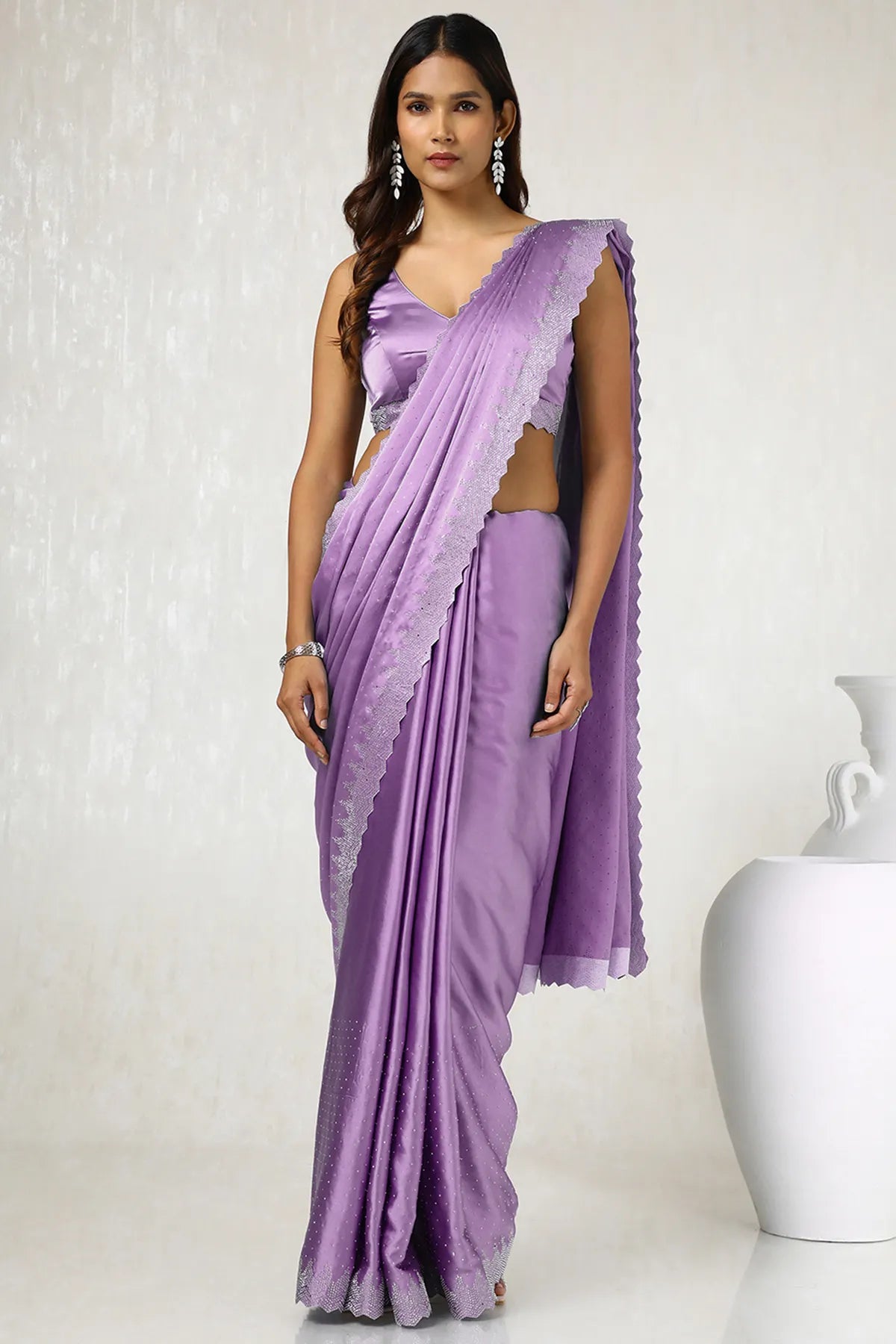 Lavender Embellished Satin Saree With Stones