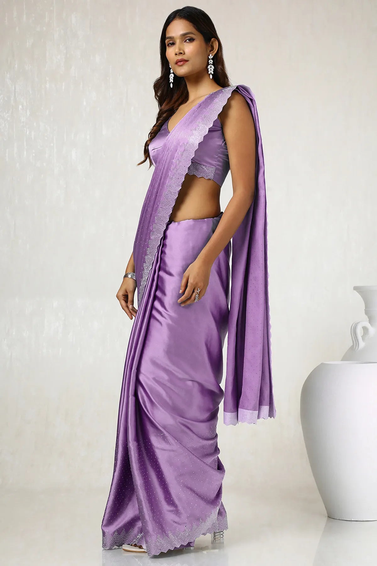 Lavender Embellished Satin Saree With Stones