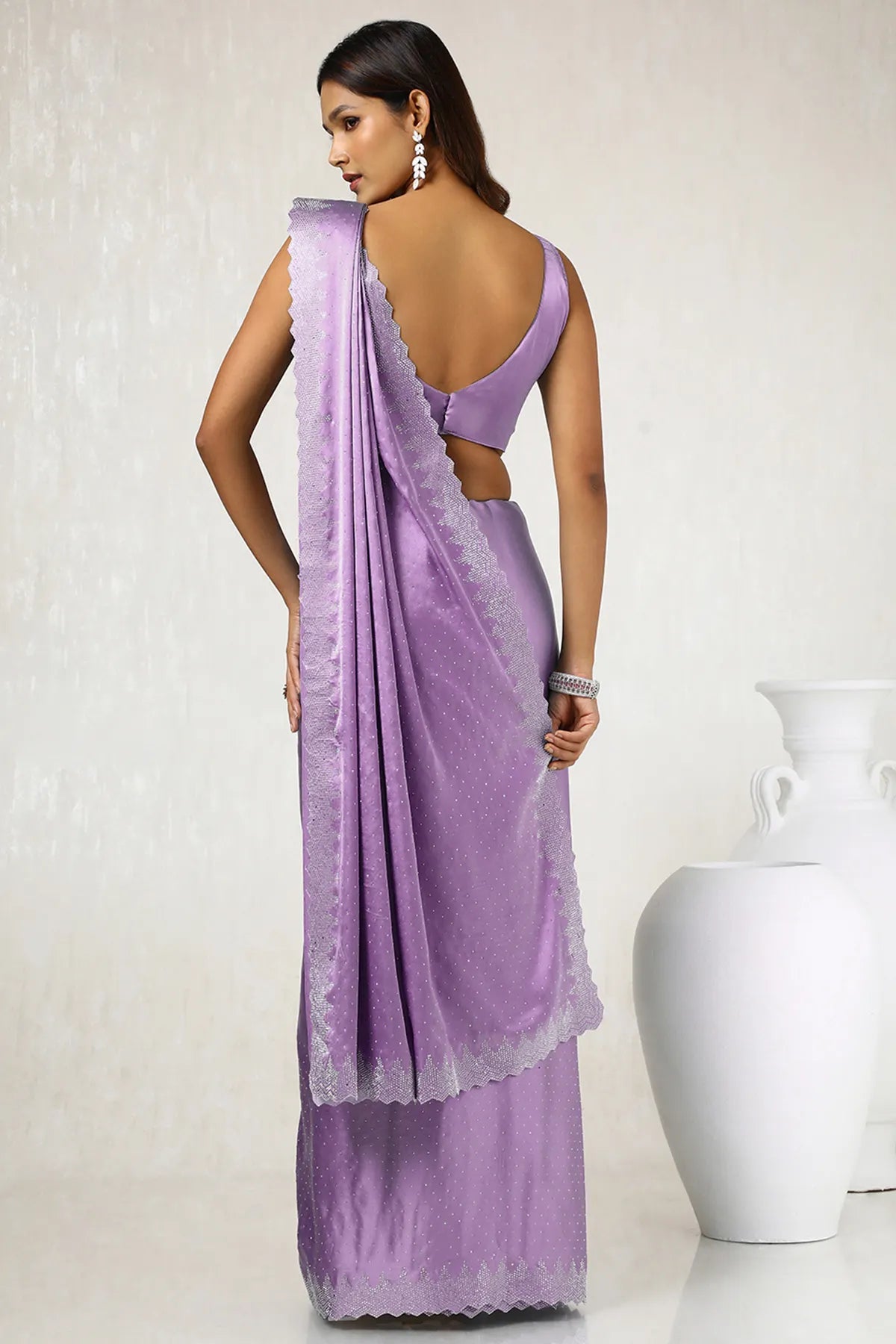 Lavender Embellished Satin Saree With Stones