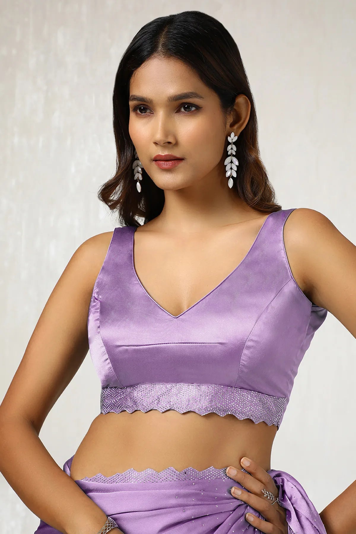 Lavender Embellished Satin Saree With Stones