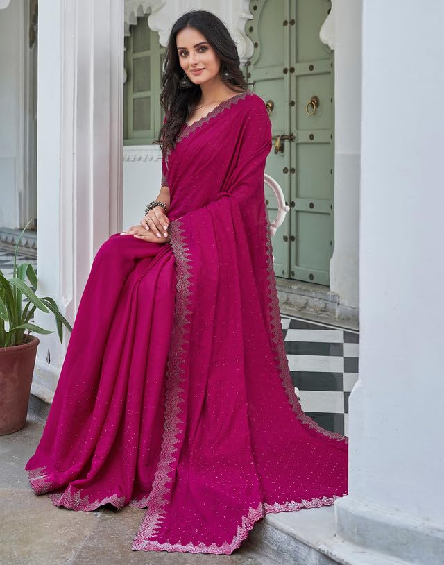 AKHILAM Women's Satin Silk Hot Fix Solid Saree With Unstitched Blouse Piece