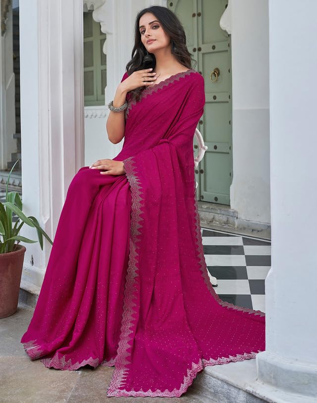 AKHILAM Women's Satin Silk Hot Fix Solid Saree With Unstitched Blouse Piece
