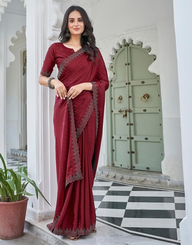 AKHILAM Women's Satin Silk Hot Fix Solid Saree With Unstitched Blouse Piece