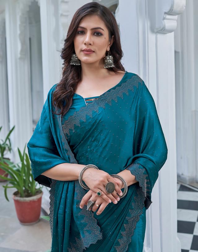 AKHILAM Women's Satin Silk Hot Fix Solid Saree With Unstitched Blouse Piece