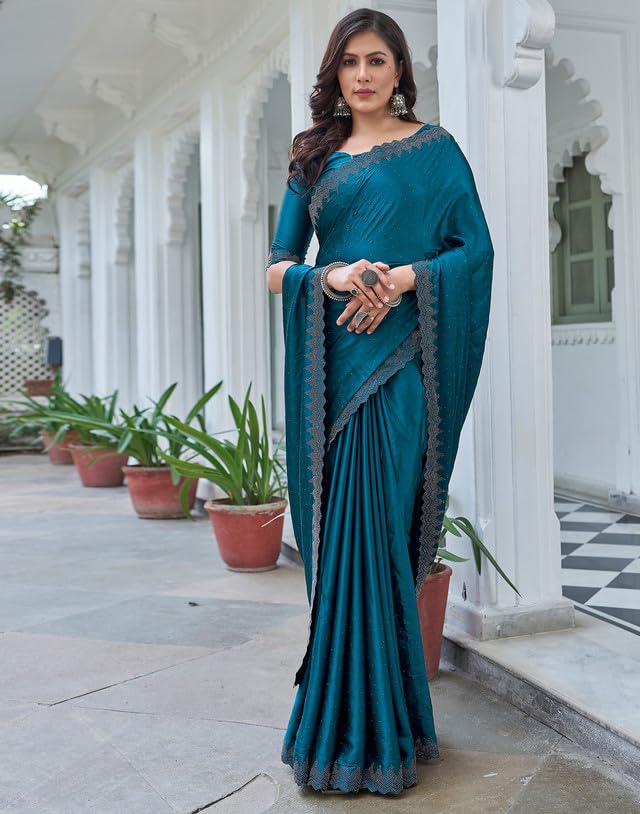 AKHILAM Women's Satin Silk Hot Fix Solid Saree With Unstitched Blouse Piece