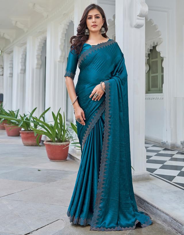 AKHILAM Women's Satin Silk Hot Fix Solid Saree With Unstitched Blouse Piece