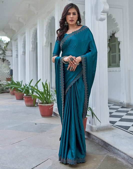 AKHILAM Women's Satin Silk Hot Fix Solid Saree With Unstitched Blouse Piece