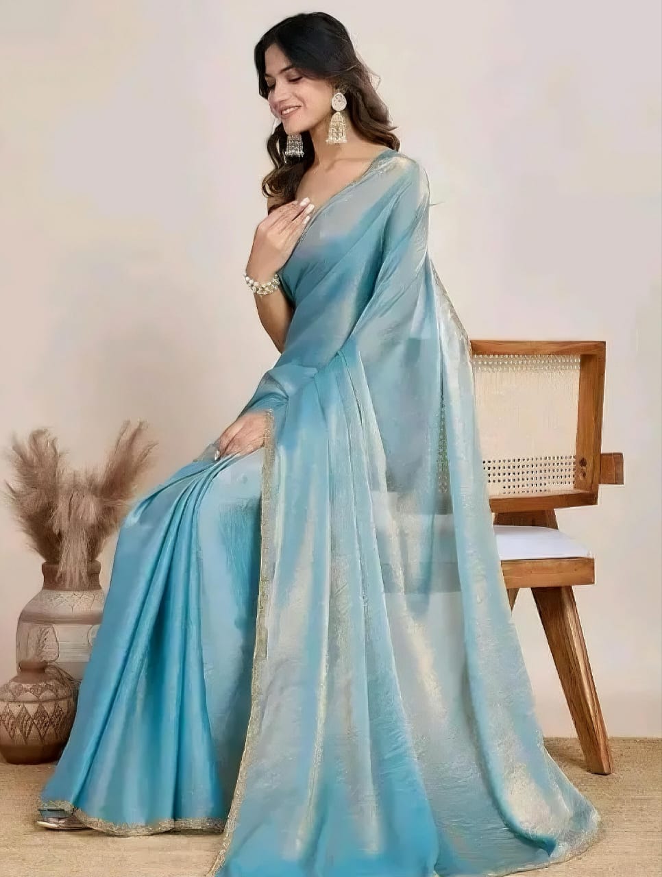 Sky blue trendy soft fabric saree with lace border sirojaki diamond
