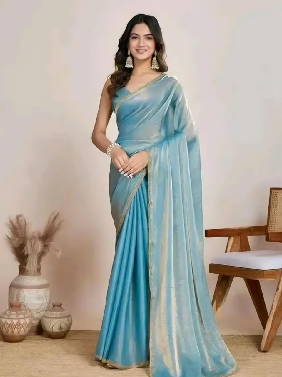 Sky blue trendy soft fabric saree with lace border sirojaki diamond