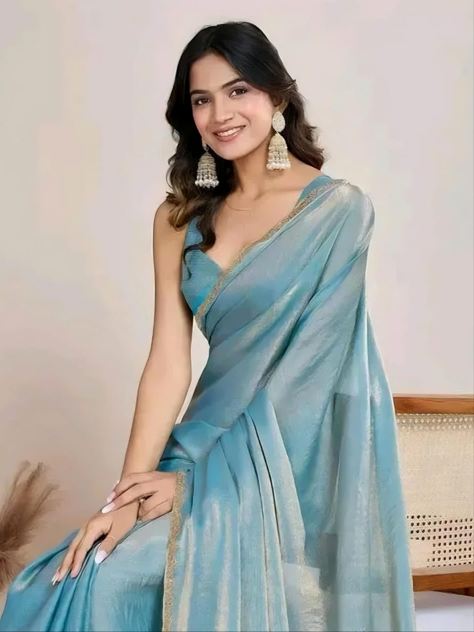 Sky blue trendy soft fabric saree with lace border sirojaki diamond