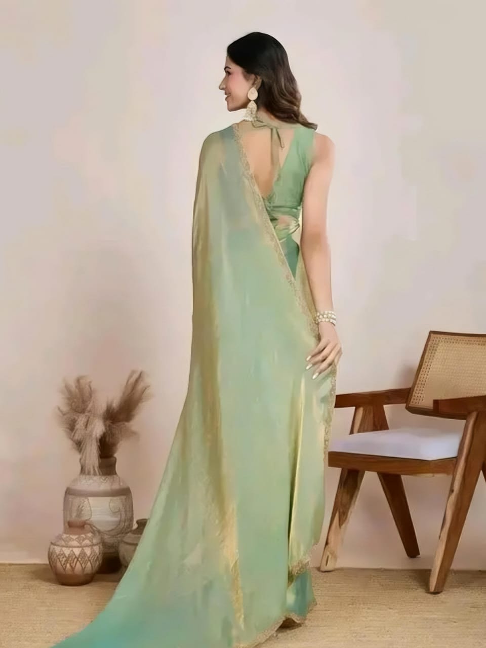 Pista trendy soft fabric saree with lace border sirojaki diamond