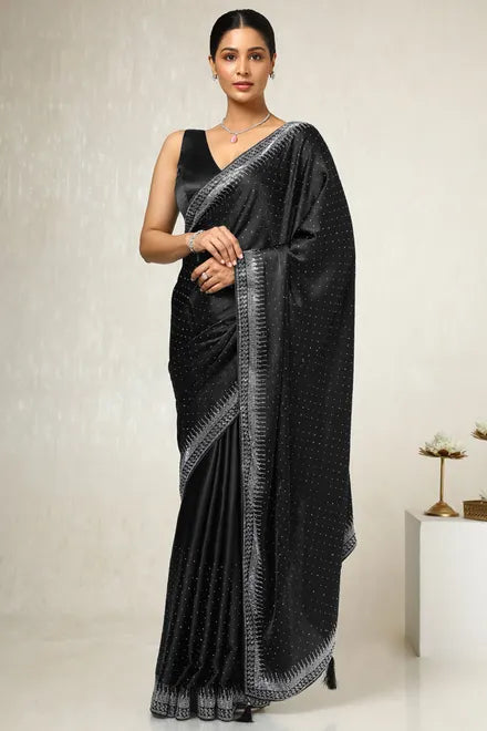 Black Satin Stone Embellished Saree