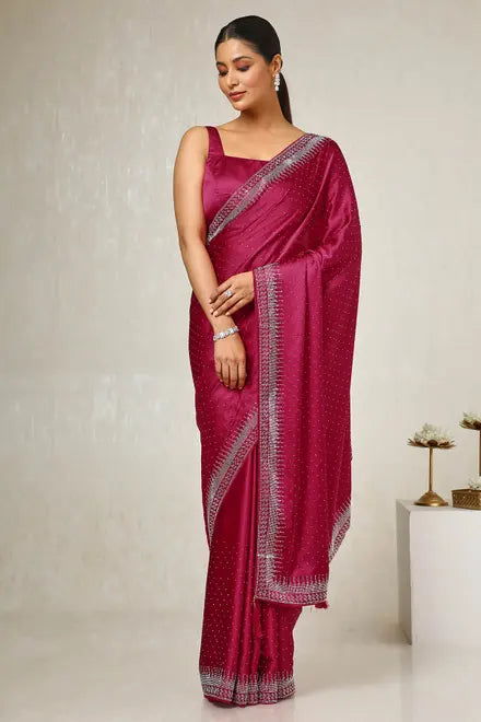 Fuchsia Satin Embellished Saree With Stone Work