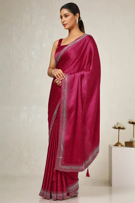 Fuchsia Satin Embellished Saree With Stone Work