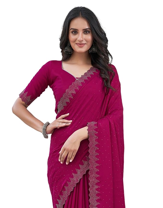 AKHILAM Women's Satin Silk Hot Fix Solid Saree With Unstitched Blouse Piece