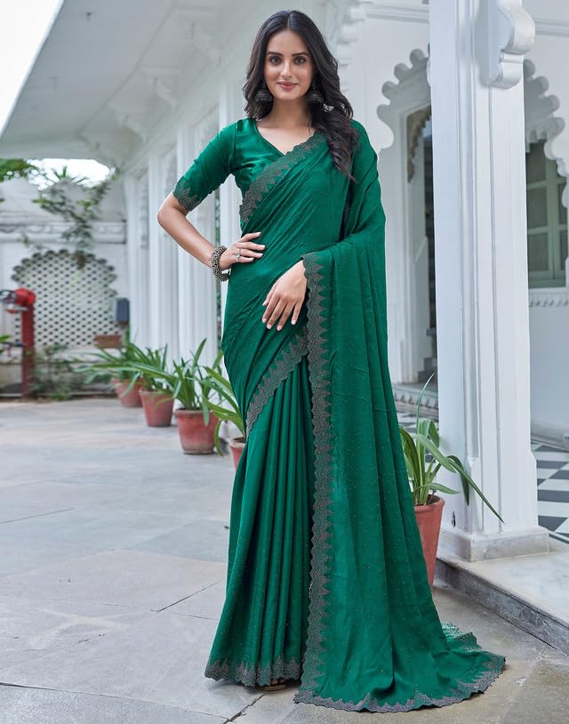 AKHILAM Women's Satin Silk Hot Fix Solid Saree With Unstitched Blouse Piece
