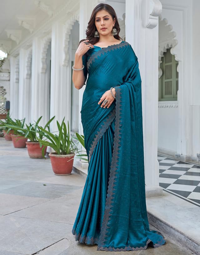 AKHILAM Women's Satin Silk Hot Fix Solid Saree With Unstitched Blouse Piece