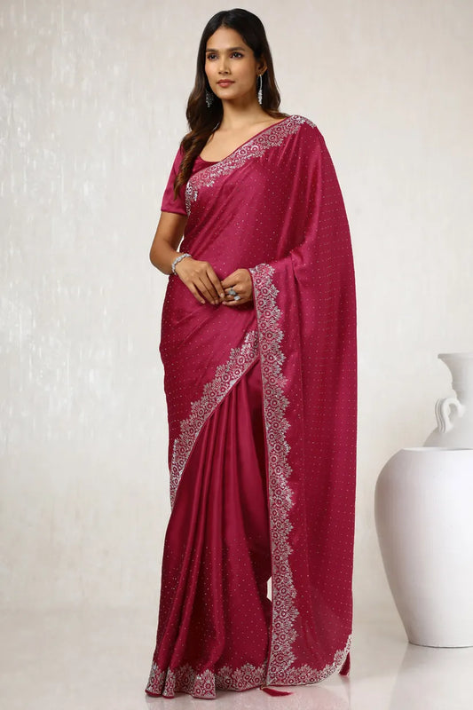 Magenta Satin Saree With Stone Work