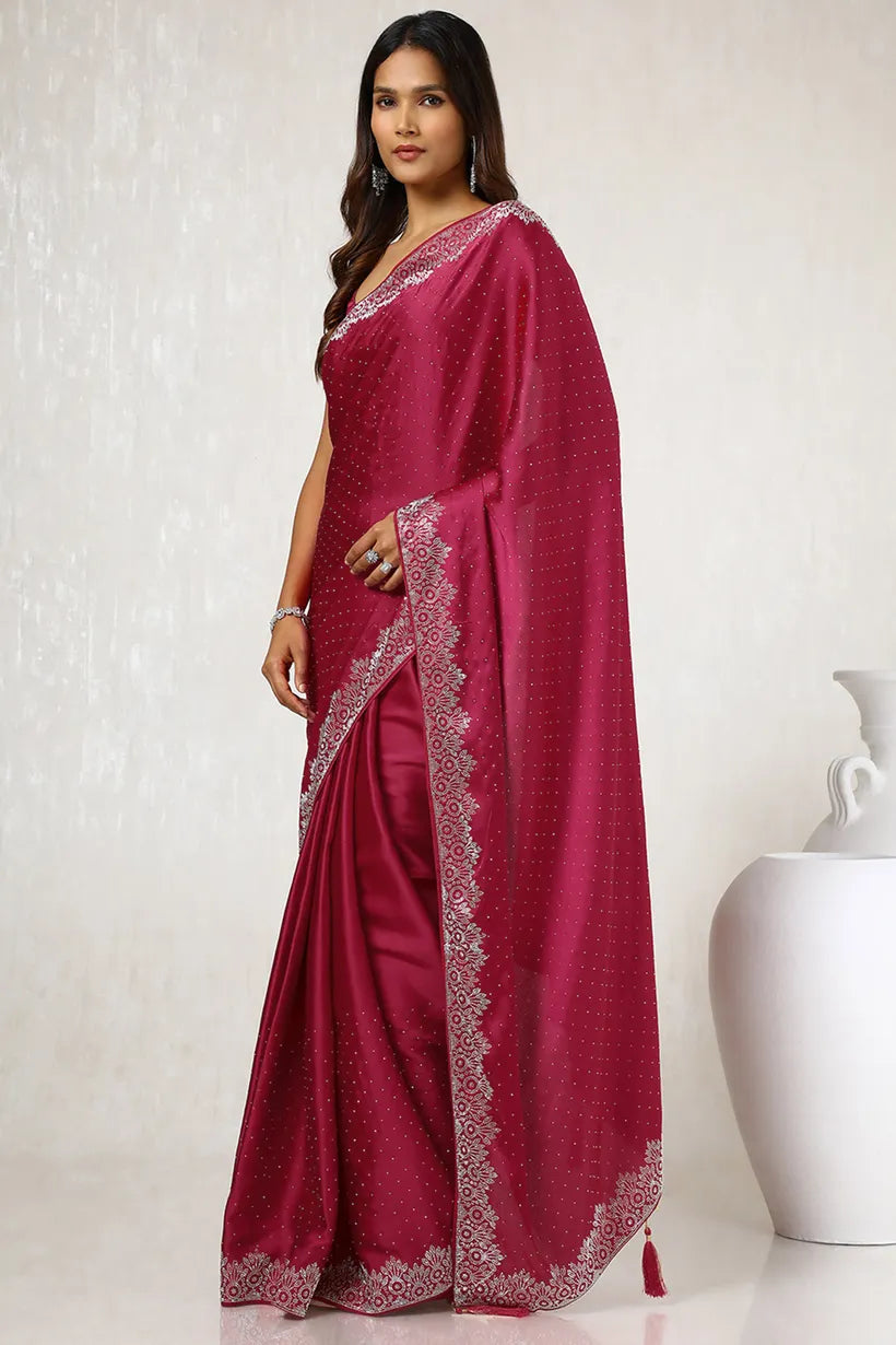 Magenta Satin Saree With Stone Work