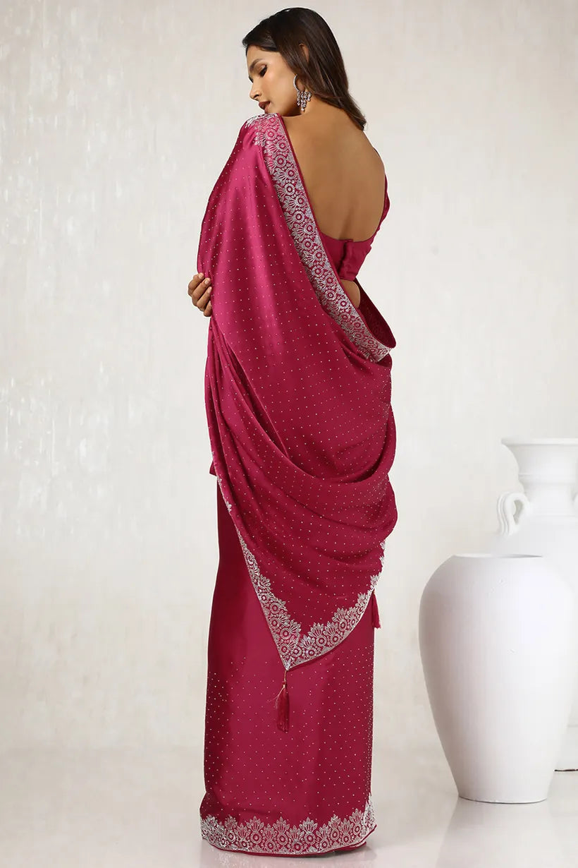 Magenta Satin Saree With Stone Work