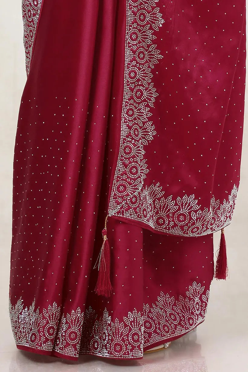 Magenta Satin Saree With Stone Work