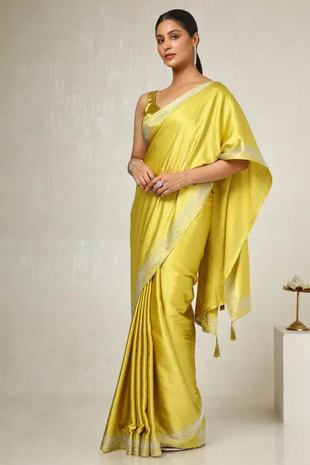 Mustard Satin Embellished Saree With Stone Work