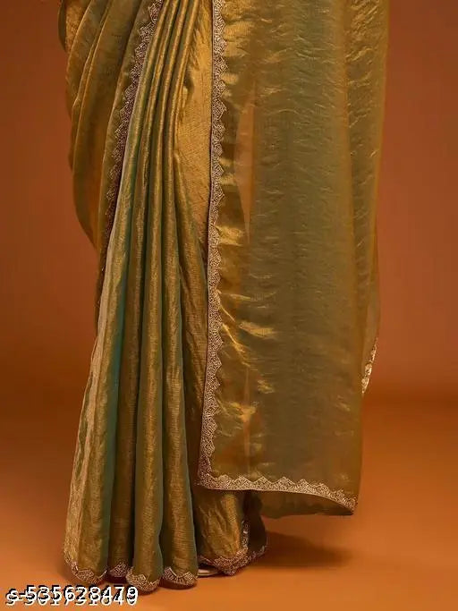 Gold trendy soft fabric saree with lace border sirojaki diamond