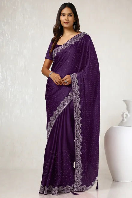 Purple Satin Stone Embellished Saree