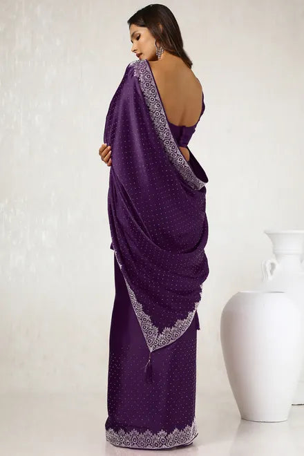 Purple Satin Stone Embellished Saree