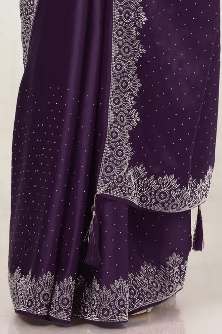 Purple Satin Stone Embellished Saree